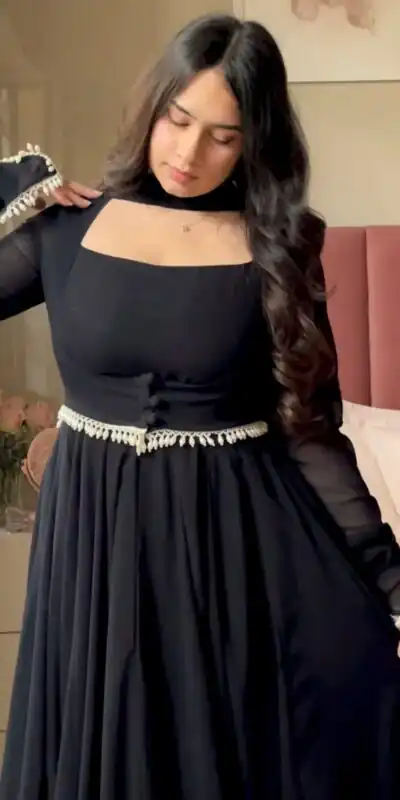 Shiny Black Faux Georgette Fancy Less Work Anarkali Suit
