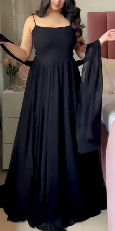 Shiny Black Faux Georgette Fancy Less Work Anarkali Suit