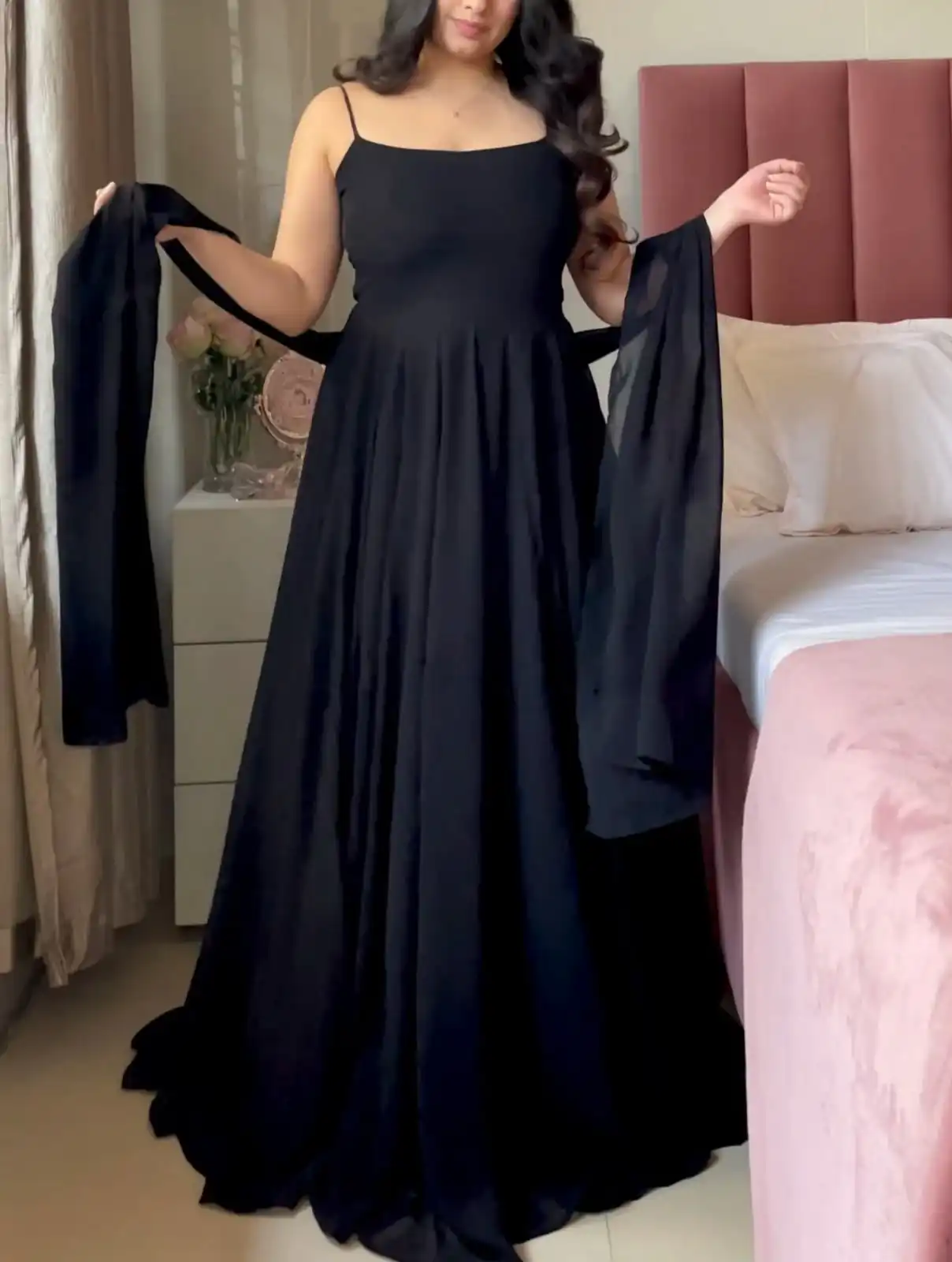 Shiny Black Faux Georgette Fancy Less Work Anarkali Suit