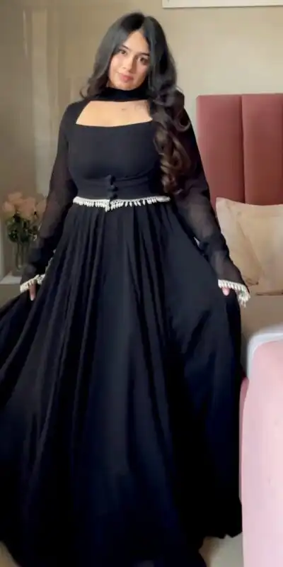 Shiny Black Faux Georgette Fancy Less Work Anarkali Suit