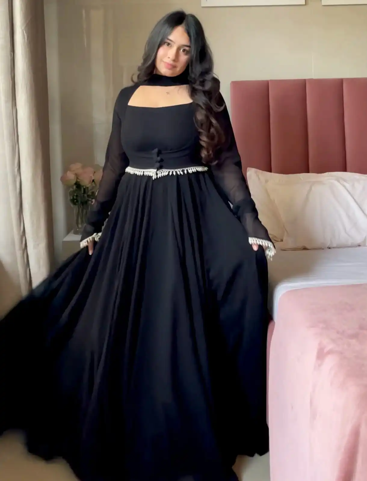 Shiny Black Faux Georgette Fancy Less Work Anarkali Suit