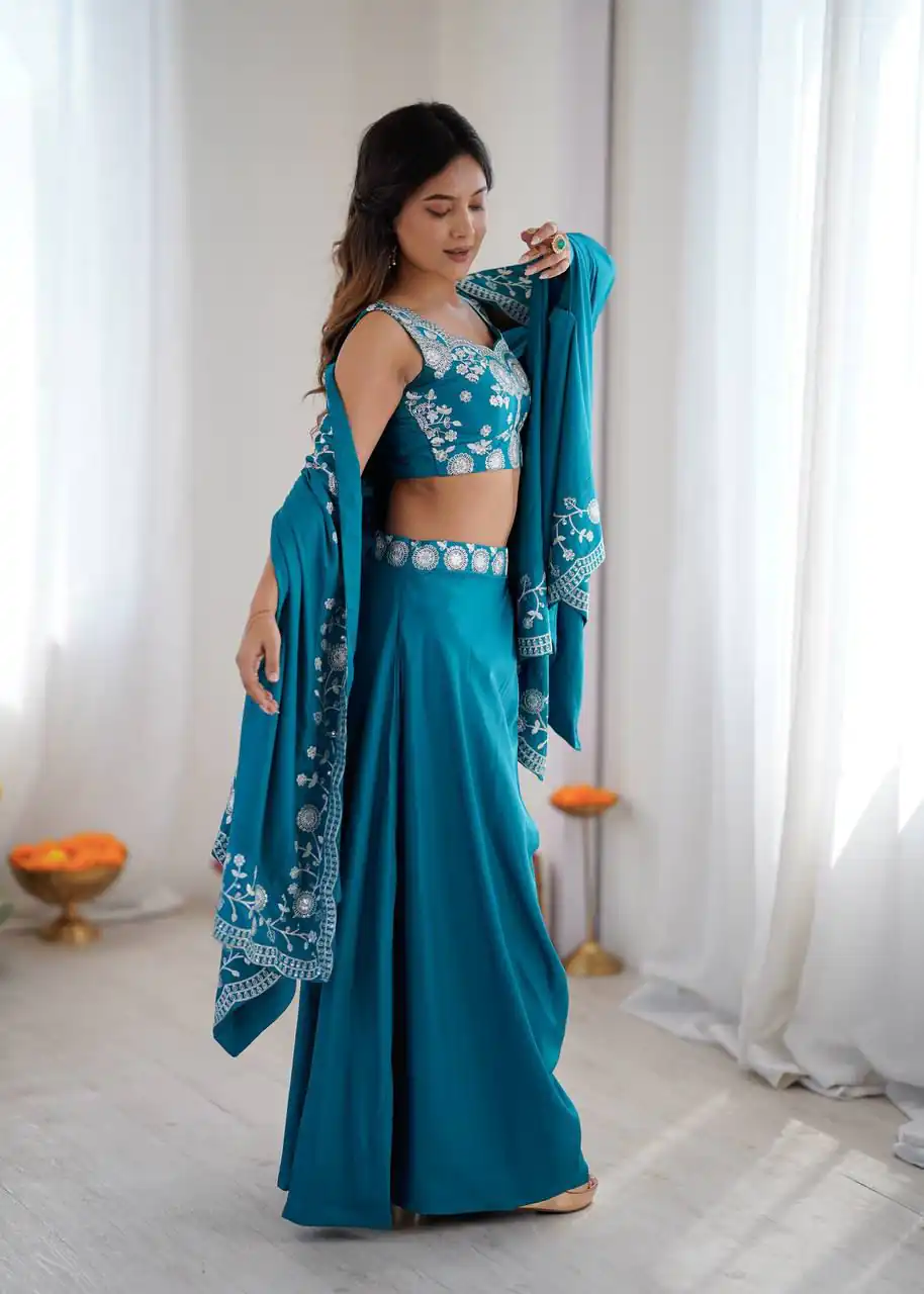 Shiny Blue Crepe Silk Sequins Work Dhoti Suit .
