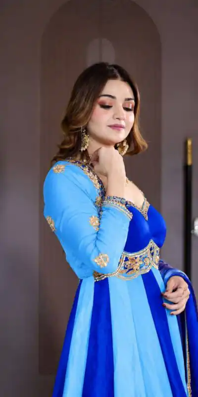 Shiny Blue Fendy Silk Sequence Work Gown