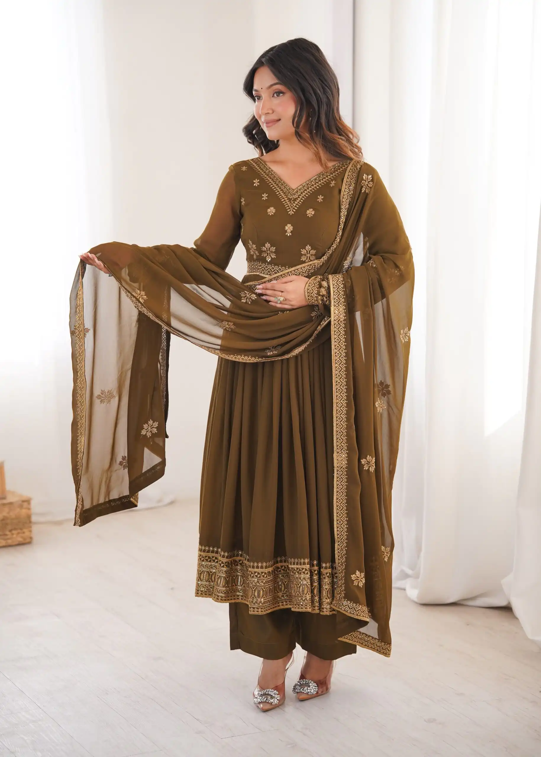 Shiny Brown Faux Georgette Sequence Work Anarkali Suit