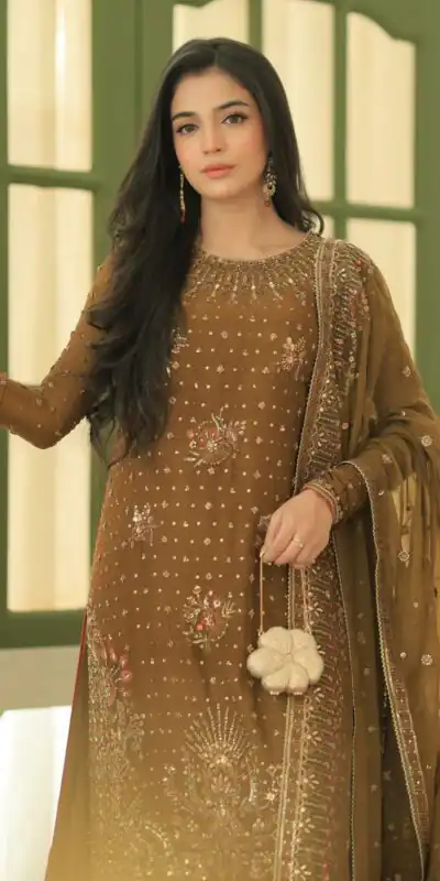 Shiny Brown Georgette Embroidery Work Salwar Suit