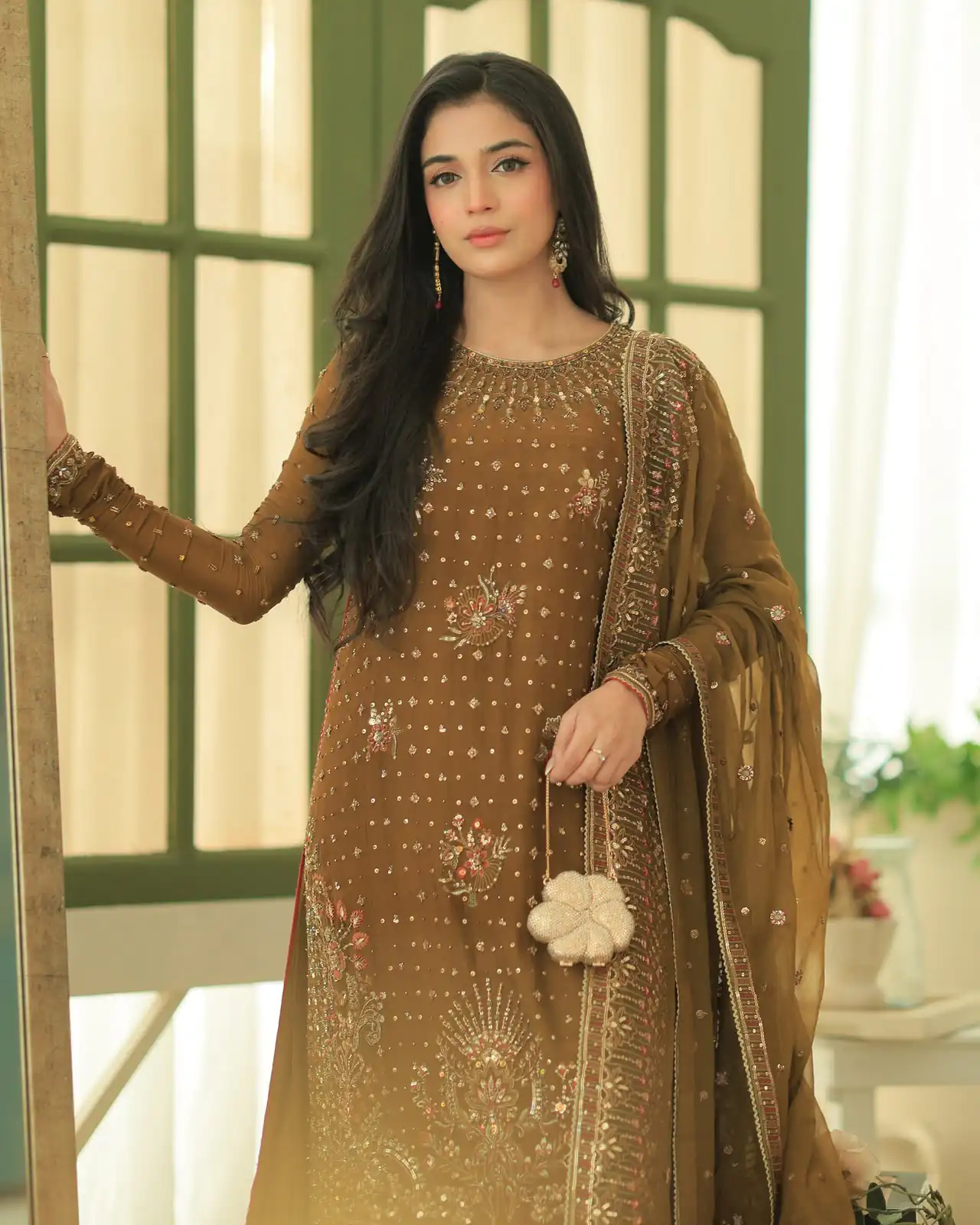 Shiny Brown Georgette Embroidery Work Salwar Suit