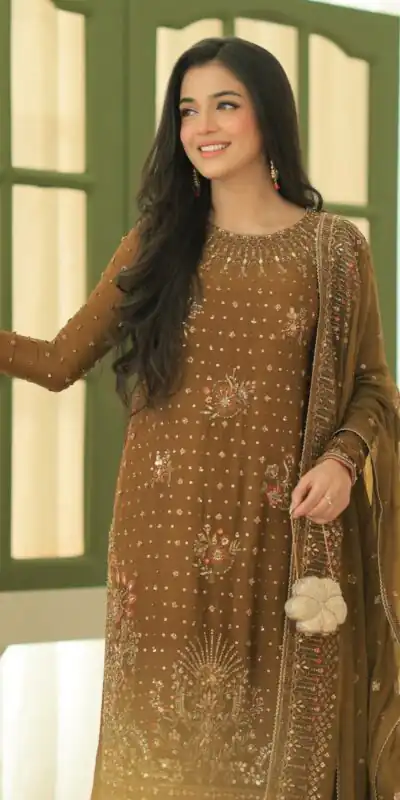 Shiny Brown Georgette Embroidery Work Salwar Suit
