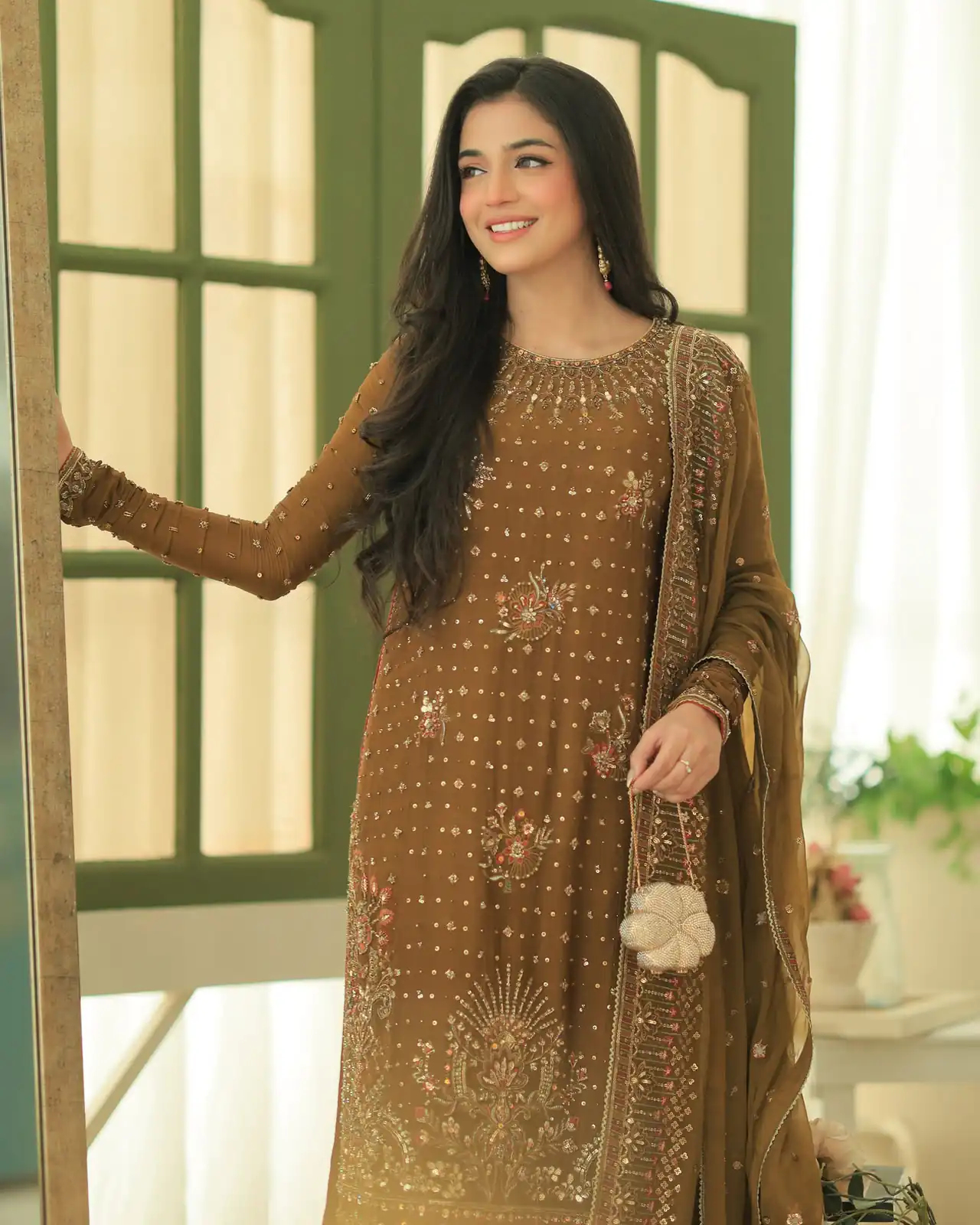 Shiny Brown Georgette Embroidery Work Salwar Suit