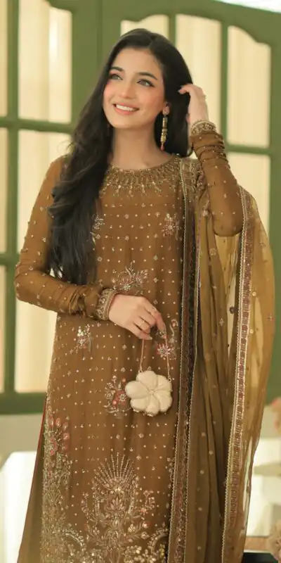 Shiny Brown Georgette Embroidery Work Salwar Suit