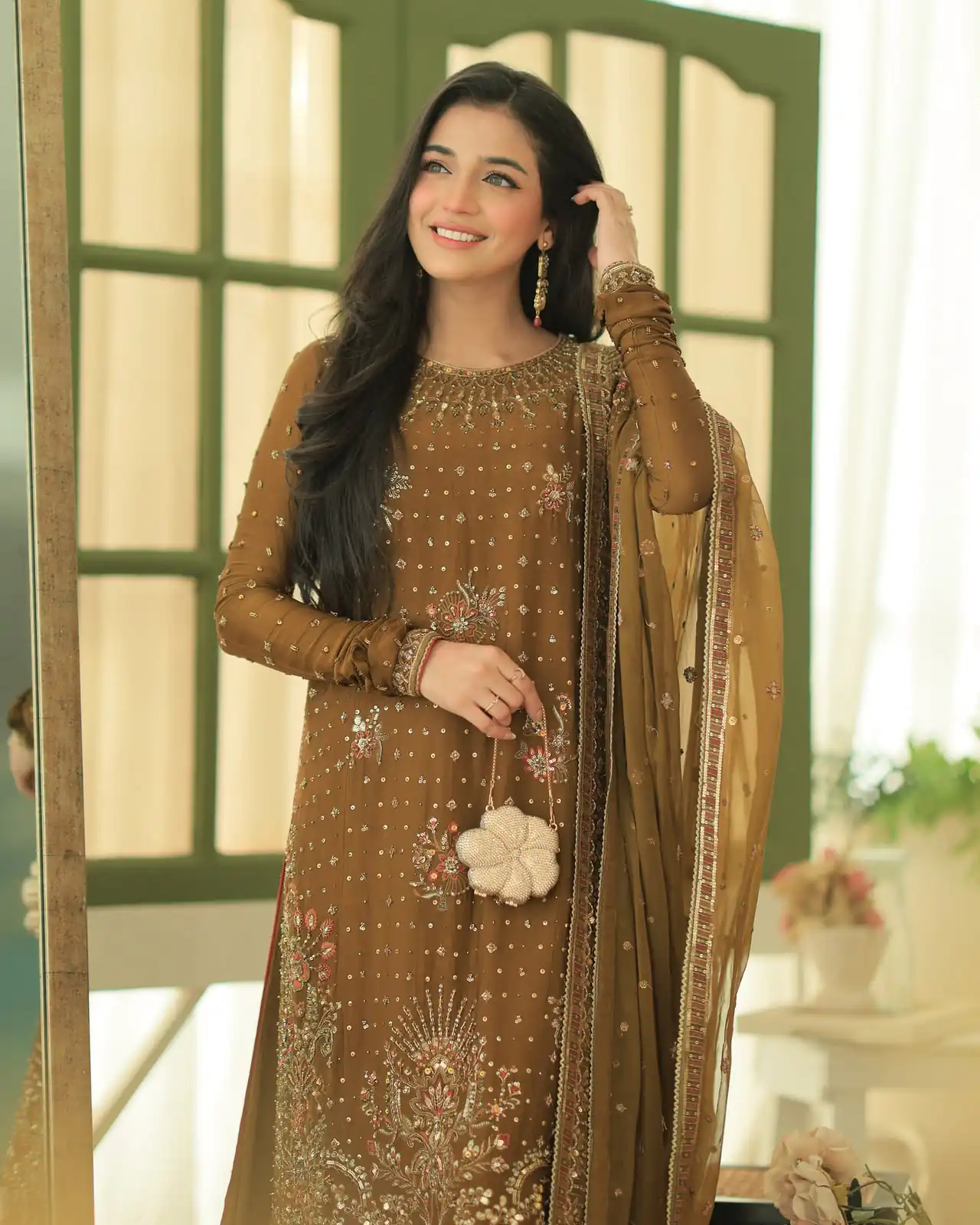 Shiny Brown Georgette Embroidery Work Salwar Suit