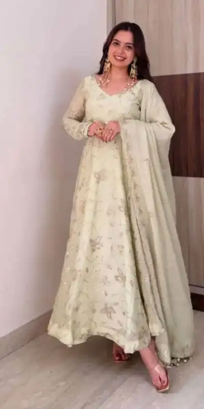 Shiny Off White Fendy Silk Sequence Work Gown