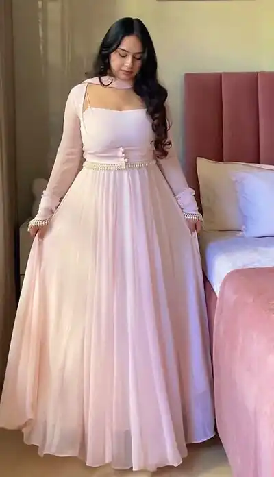 Shiny Pink Faux Georgette Fancy Less Work Anarkali Suit