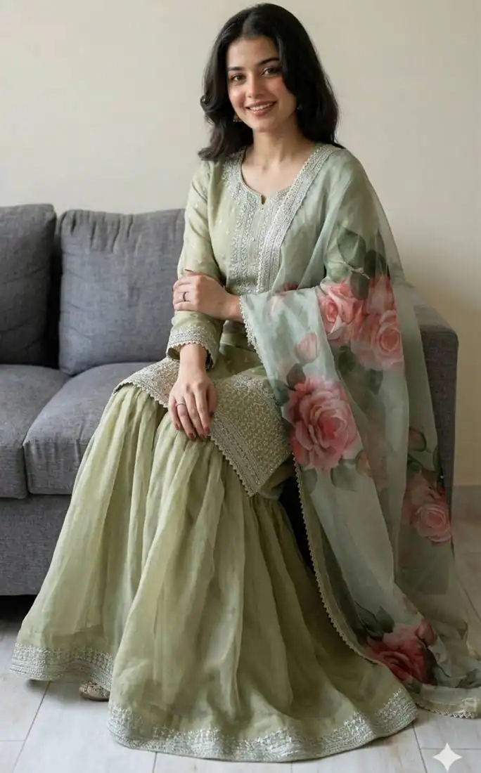 Shiny Pista Faux Georgette Thread Work Salwar Suit