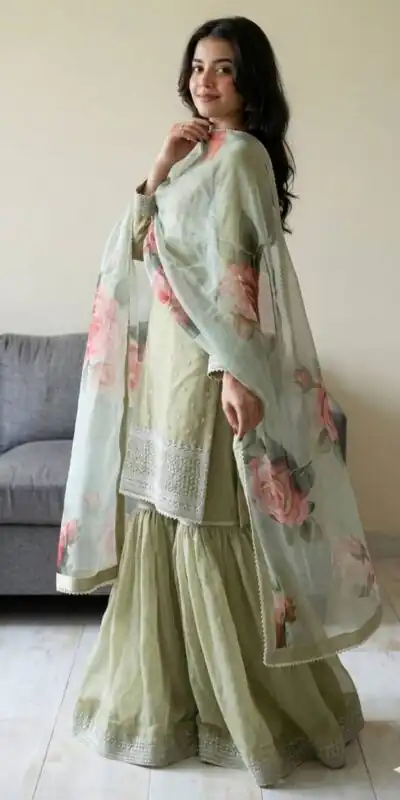Shiny Pista Faux Georgette Thread Work Salwar Suit