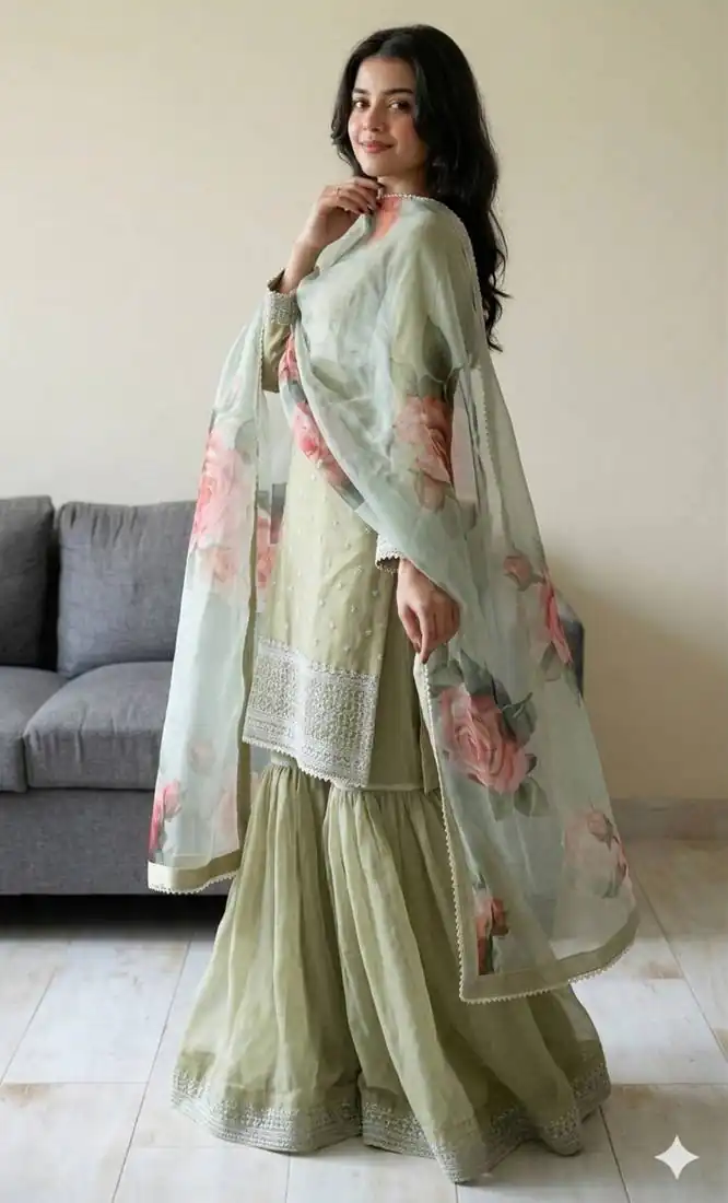 Shiny Pista Faux Georgette Thread Work Salwar Suit