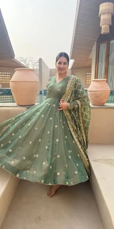 Shiny Pista Moss Fendy Embroidery Work Anarkali Suit