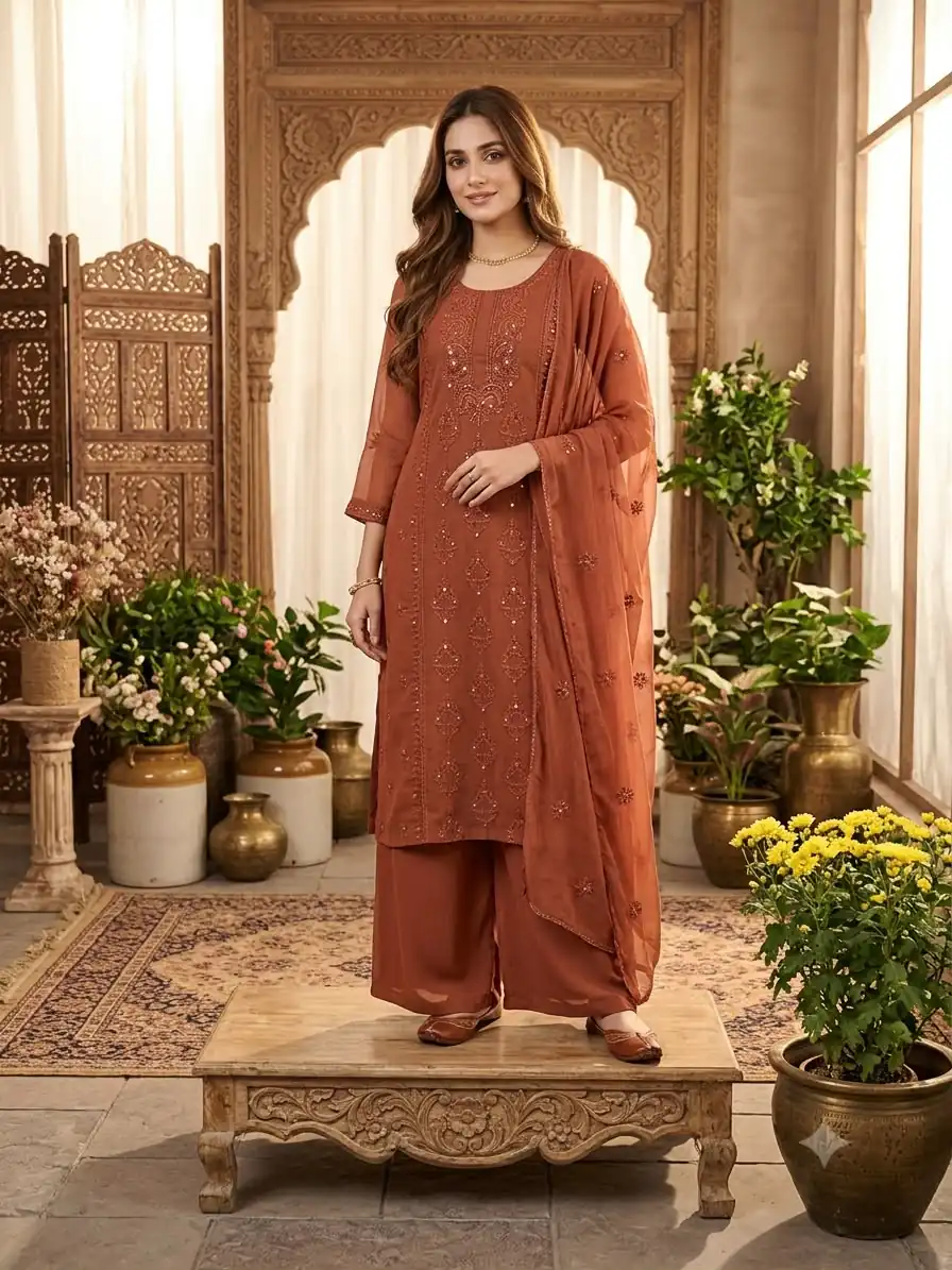 Shiny Rust Faux Georgette Embroidery Work Salwar Suit