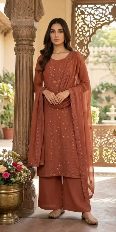 Shiny Rust Faux Georgette Embroidery Work Salwar Suit