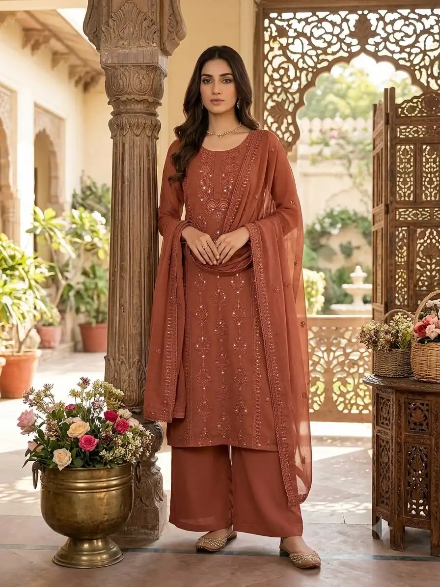 Shiny Rust Faux Georgette Embroidery Work Salwar Suit