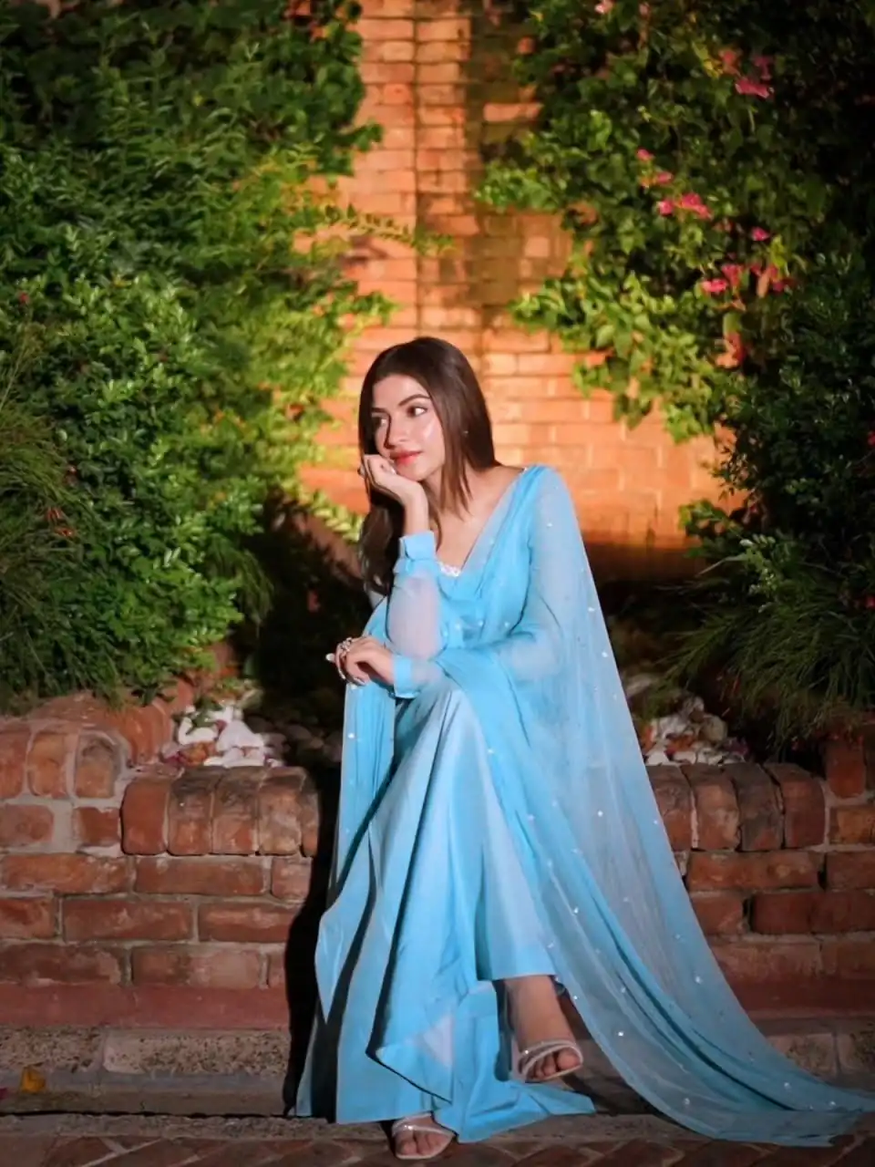 Shiny Sky Blue Faux Georgette Thread Work Salwar Suit