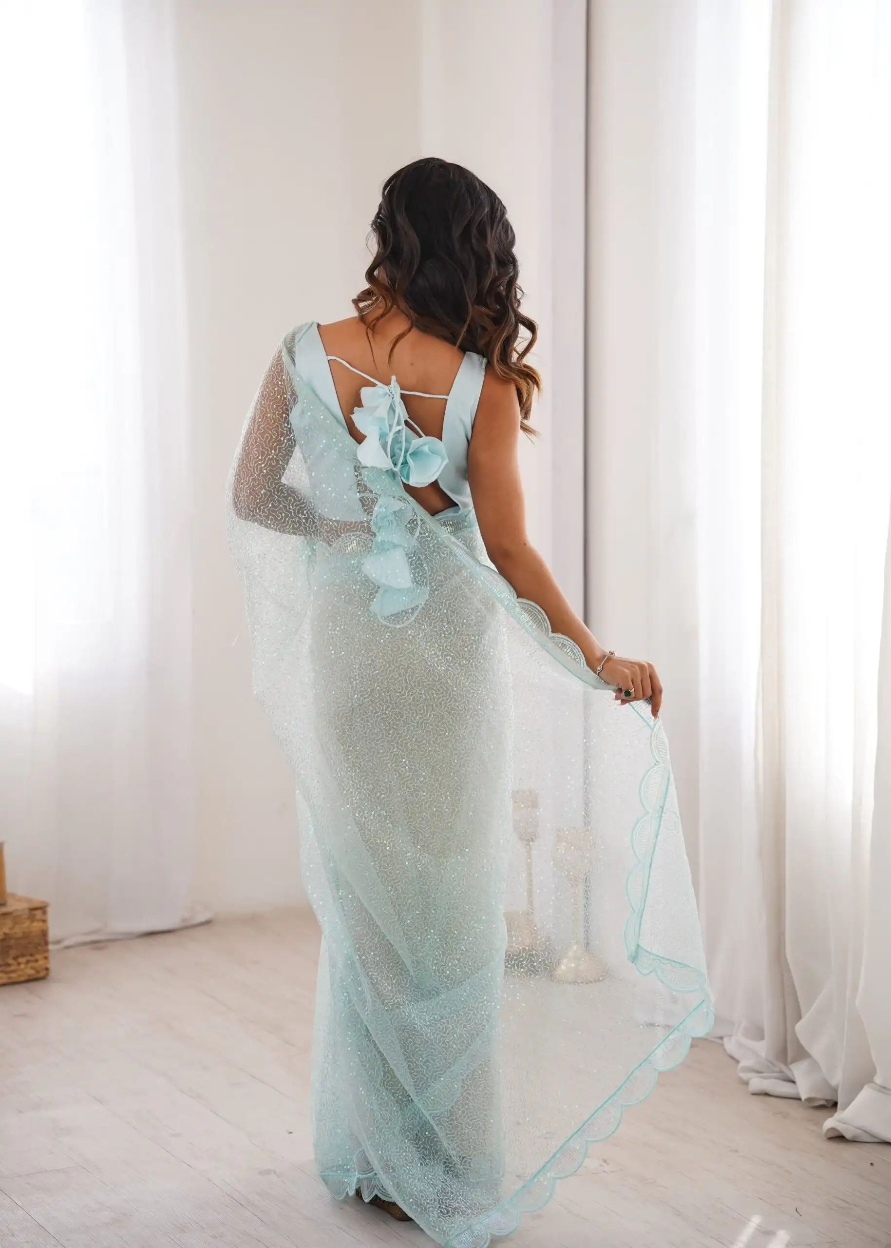 Shiny Sky Blue Soft Net Sequins Work Saree