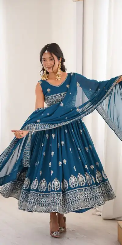 Shiny Teal Faux Georgette Sequence Work Anarkali Suit