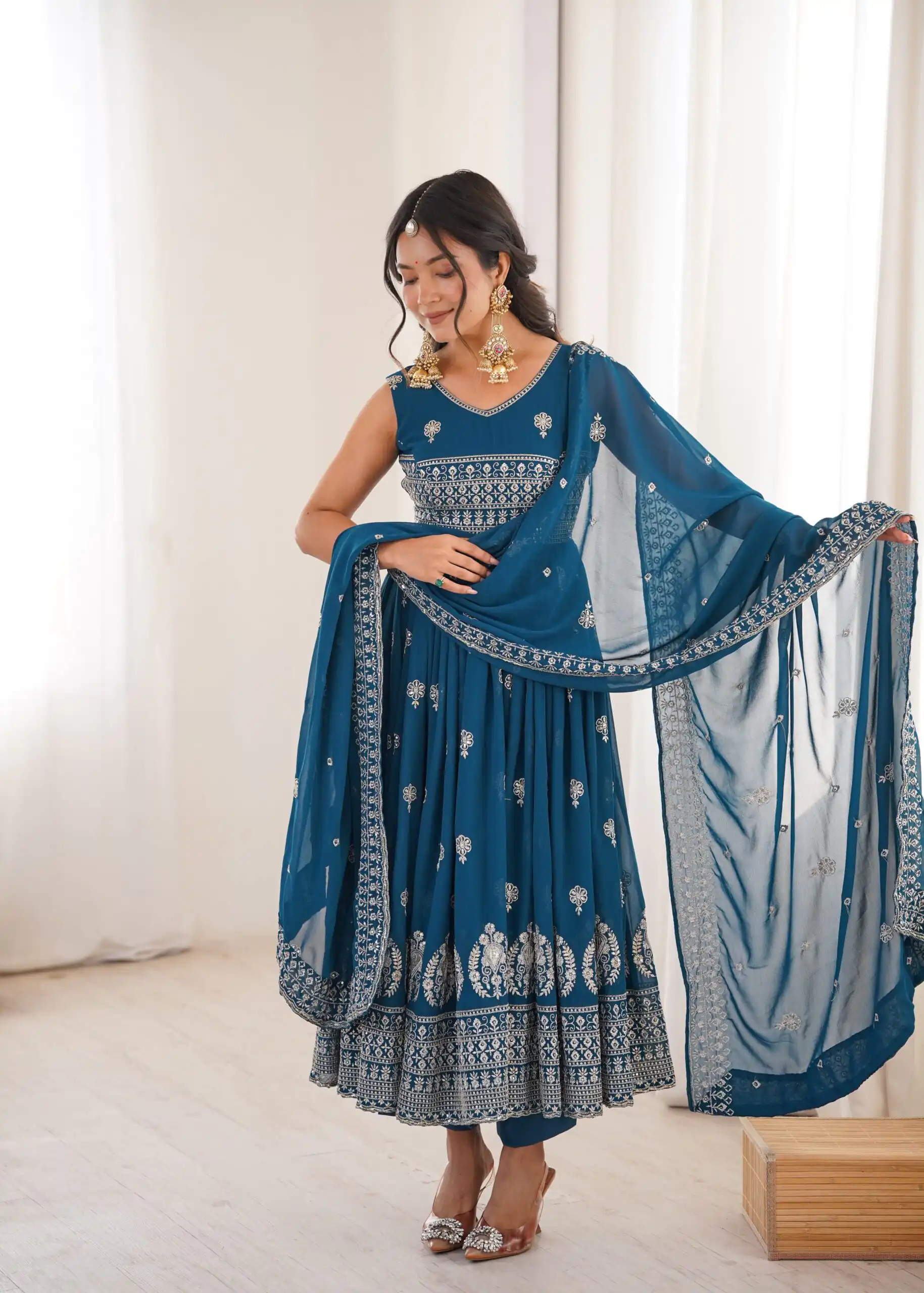 Shiny Teal Faux Georgette Sequence Work Anarkali Suit