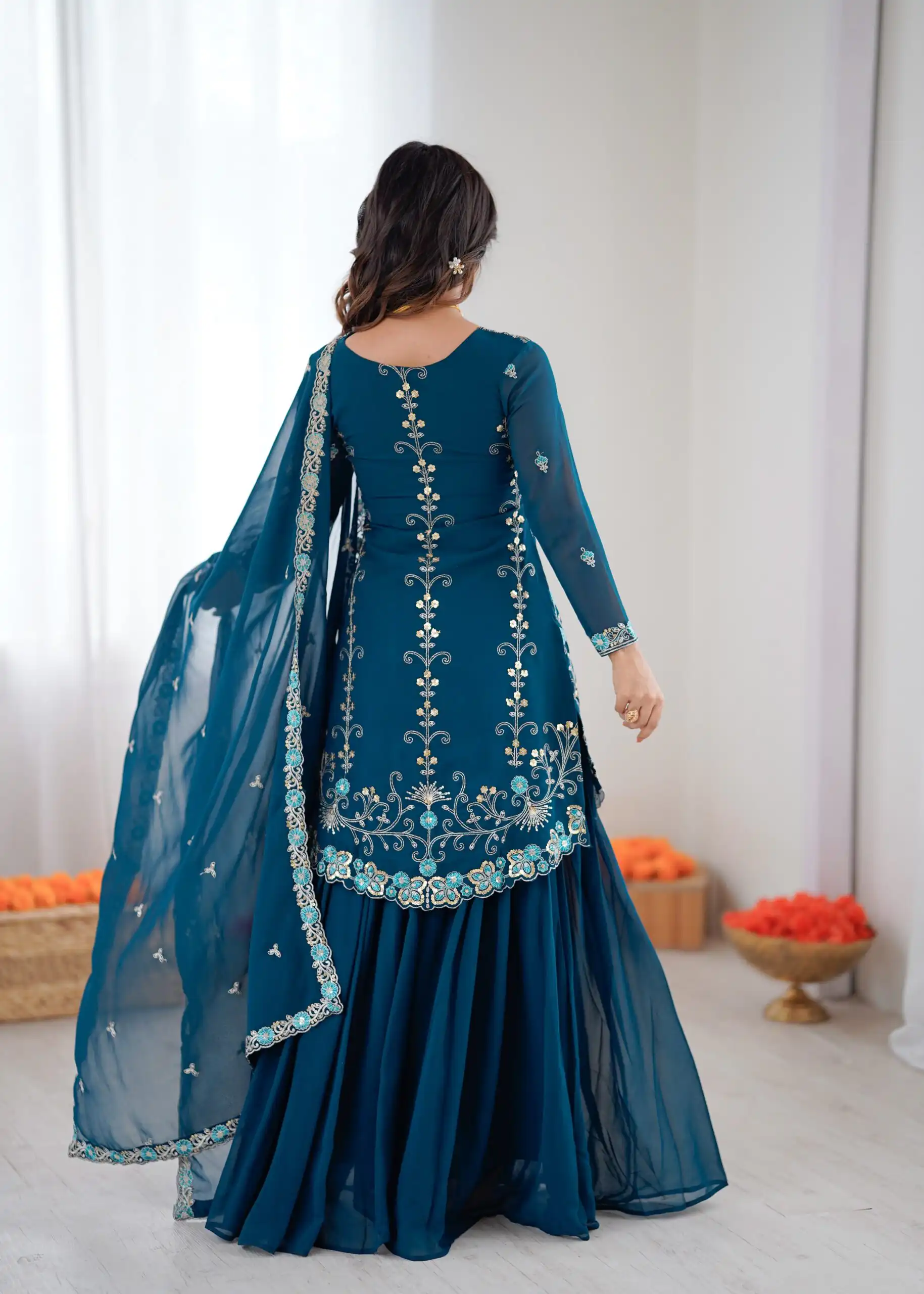 Shiny Teal Faux Georgette Sequence Work Salwar Suit