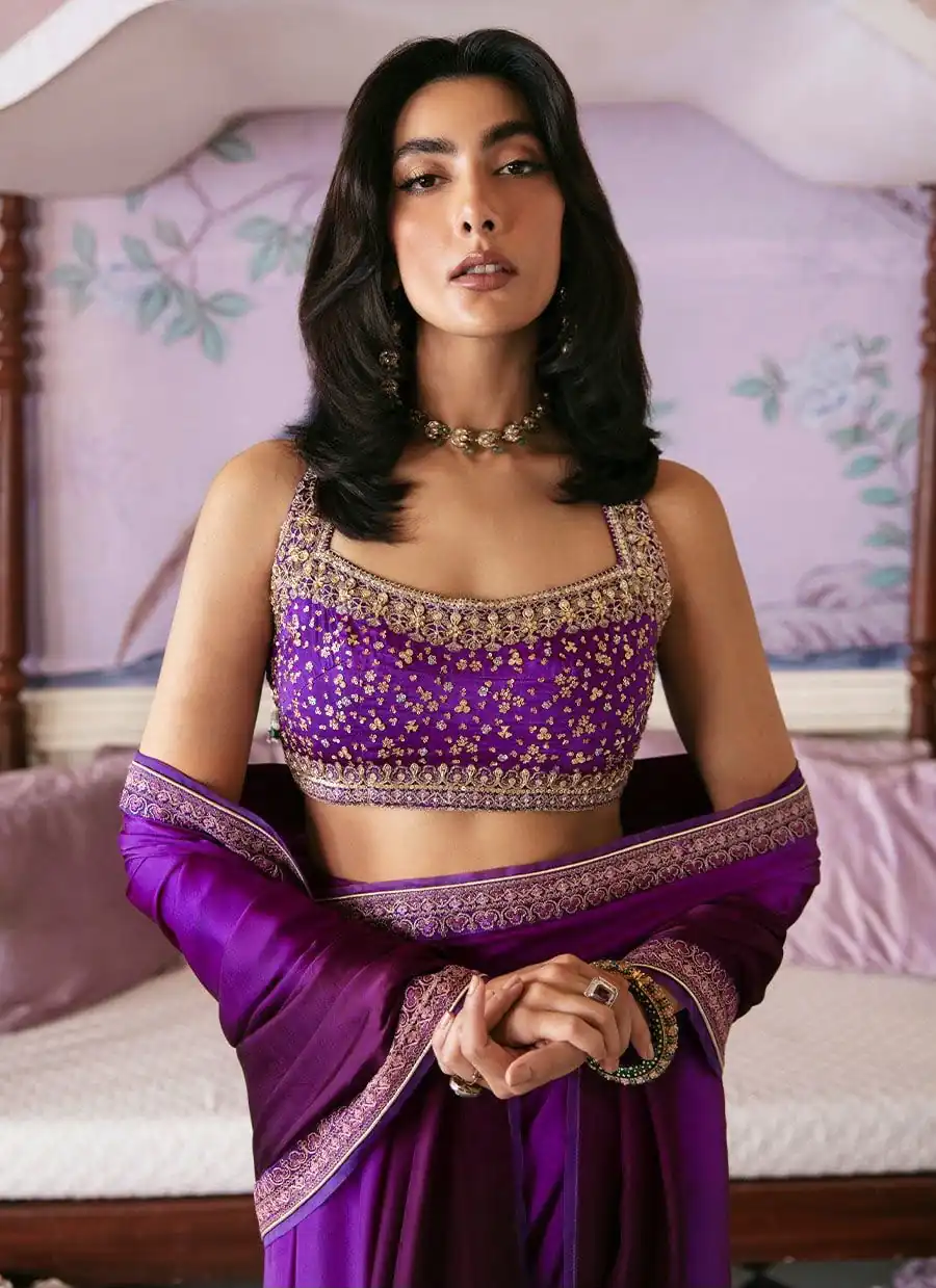 Spacial Purple Japan Satin Silk Sequins Work Saree