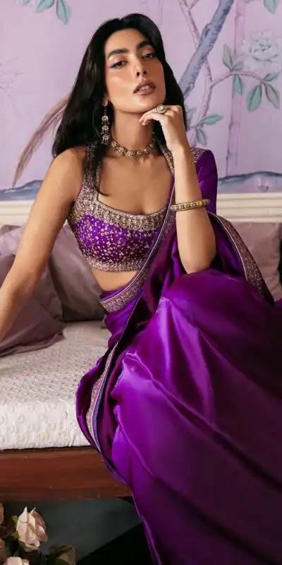 Spacial Purple Japan Satin Silk Sequins Work Saree