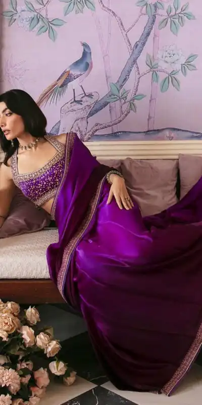 Spacial Purple Japan Satin Silk Sequins Work Saree