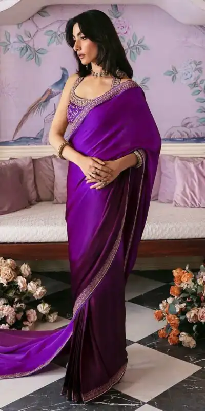 Spacial Purple Japan Satin Silk Sequins Work Saree