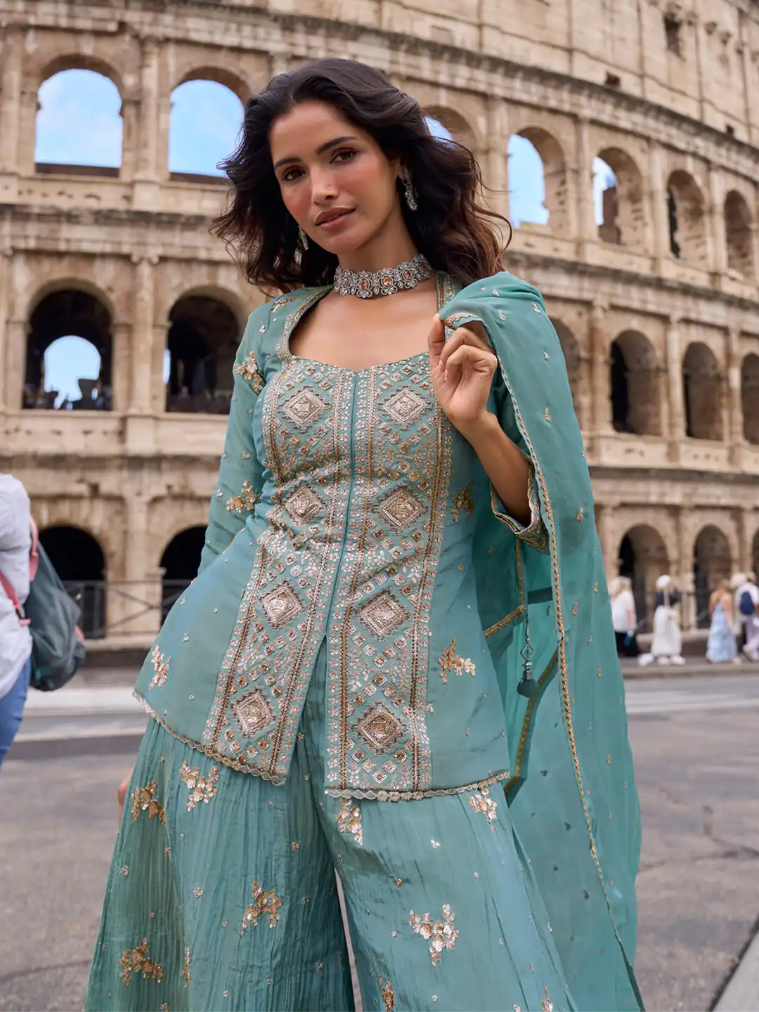 Super Blue Vichitra Embroidery Work Salwar Suit