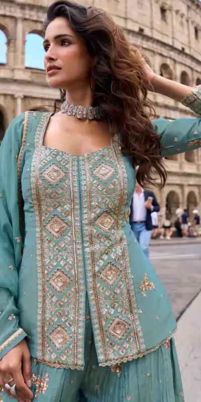 Super Blue Vichitra Embroidery Work Salwar Suit