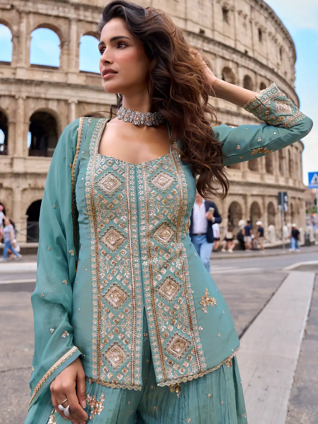 Super Blue Vichitra Embroidery Work Salwar Suit