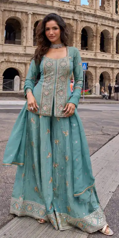 Super Blue Vichitra Embroidery Work Salwar Suit