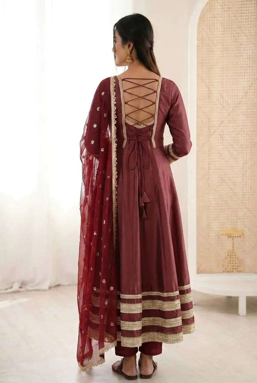 Super Maroon Cosmos Gold Embroidery Work Gown
