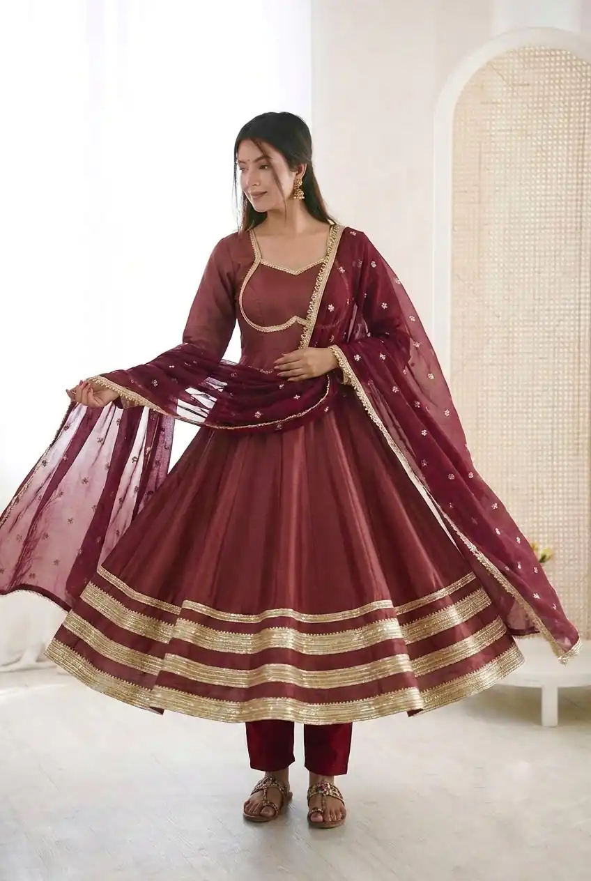 Super Maroon Cosmos Gold Embroidery Work Gown