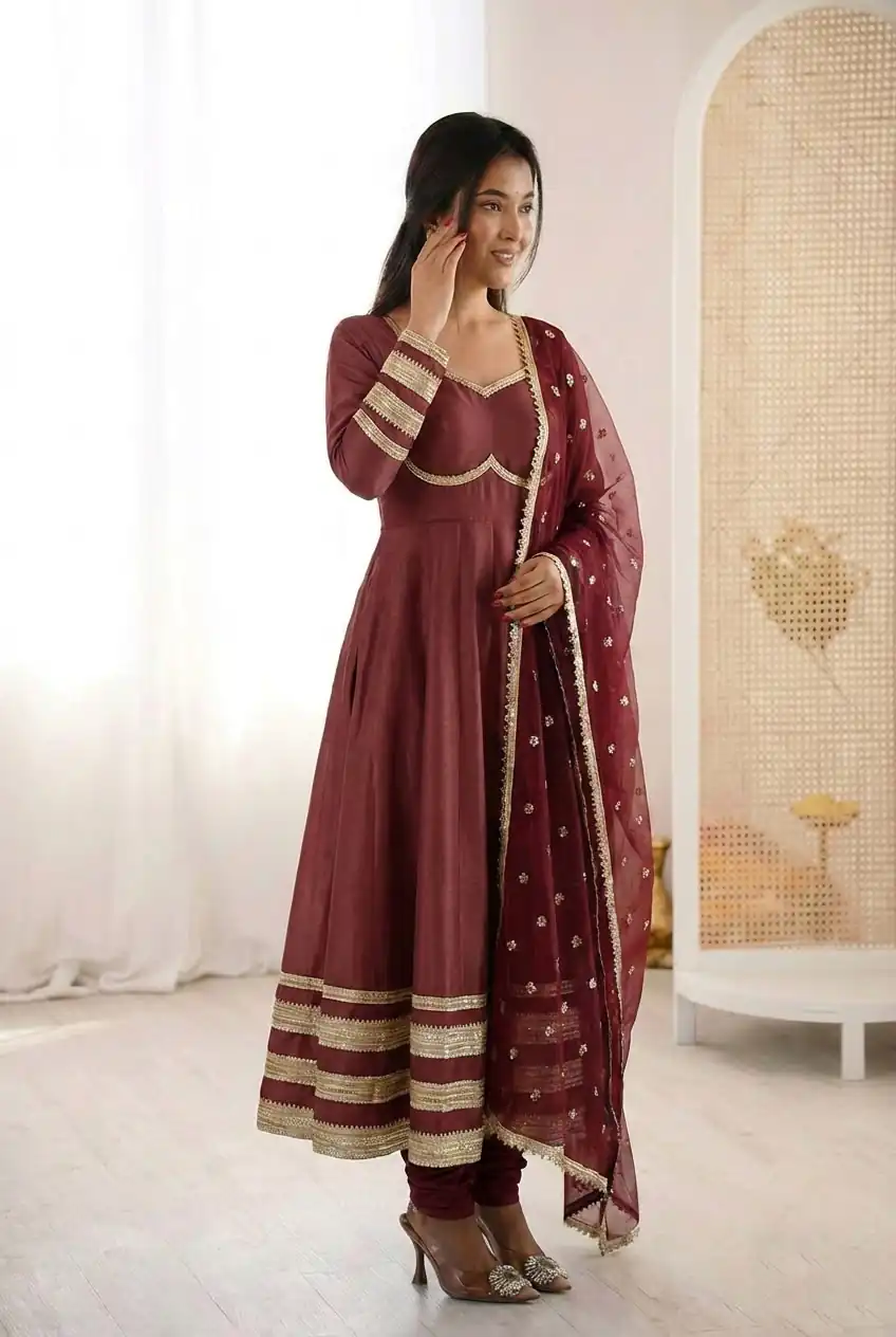 Super Maroon Cosmos Gold Embroidery Work Gown