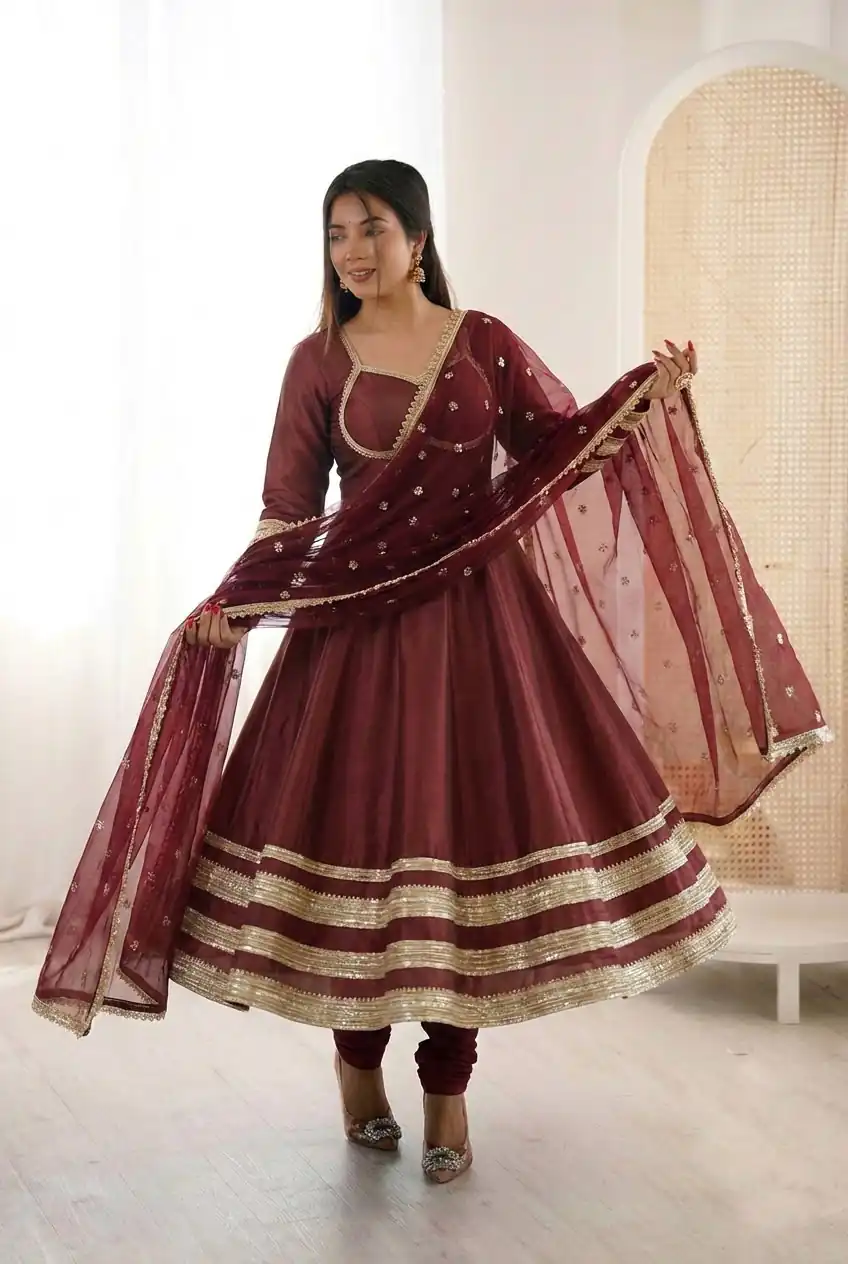 Super Maroon Cosmos Gold Embroidery Work Gown