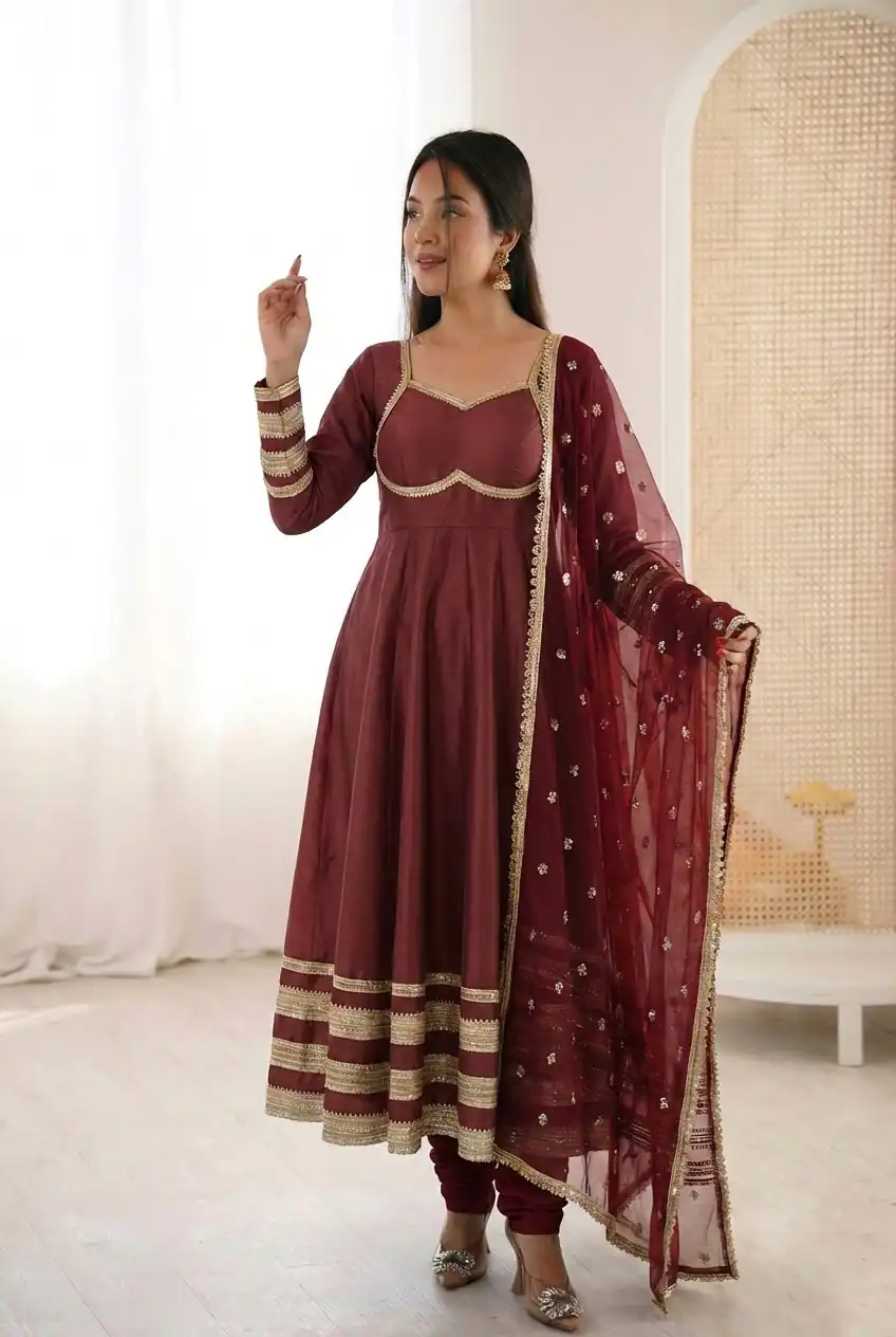 Super Maroon Cosmos Gold Embroidery Work Gown