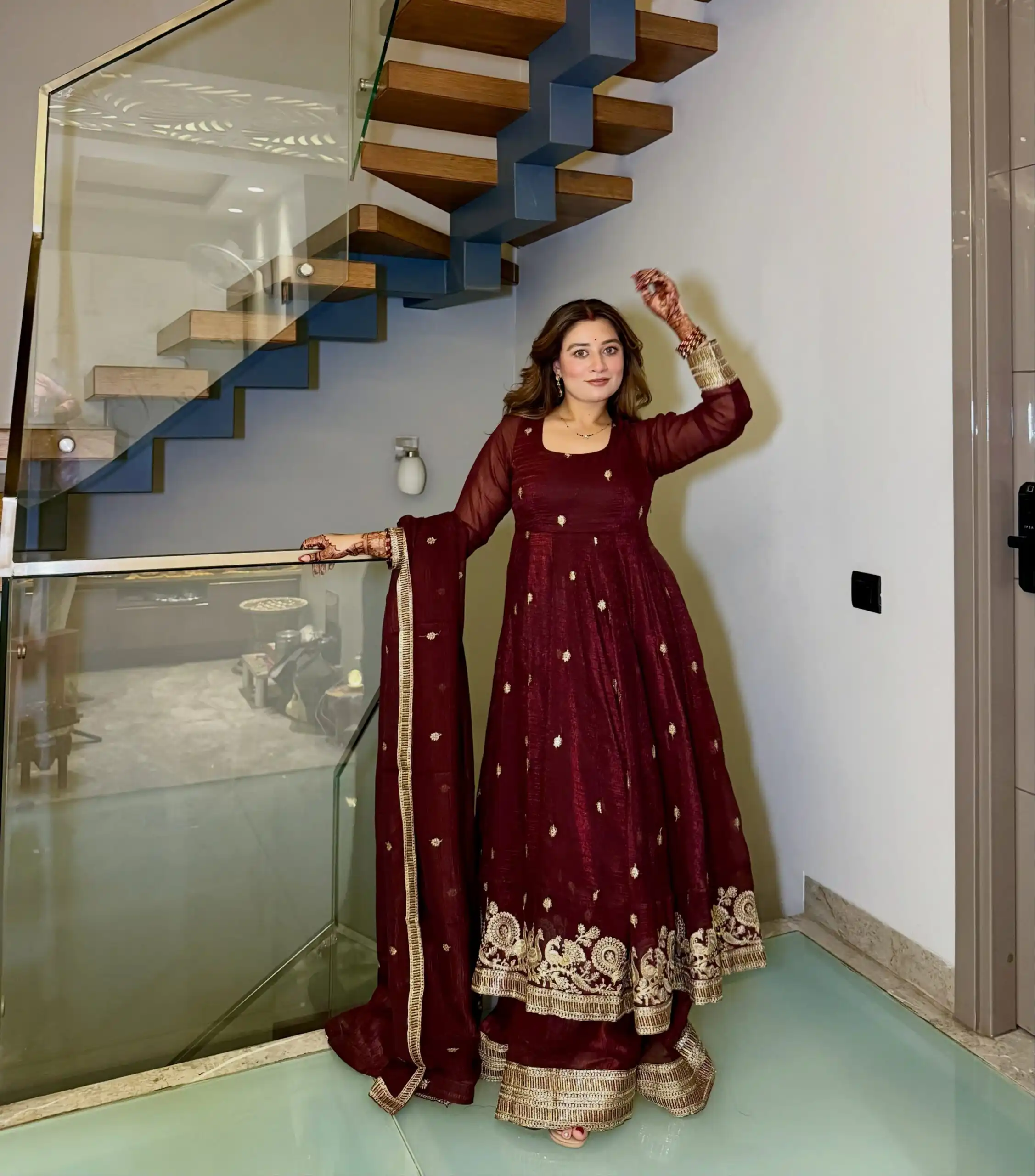 Super Maroon Gold Crazy Embroidery Work Salwar Suit