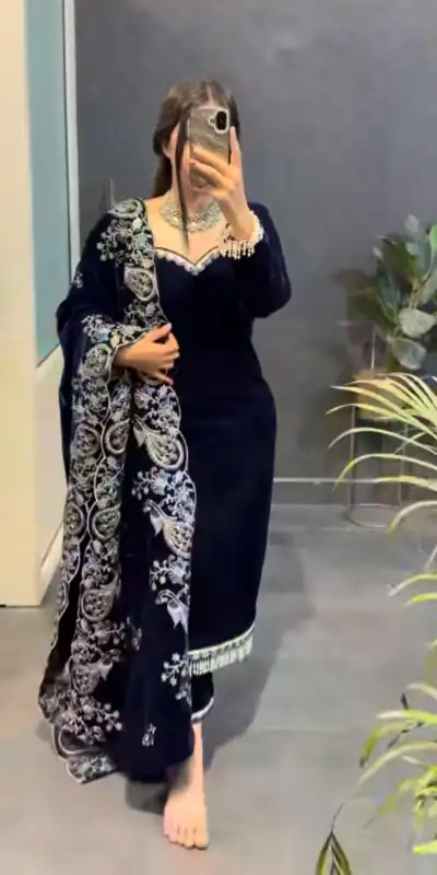 Super Navy Blue Viscose Velvet Embroider Work Salwar Suit