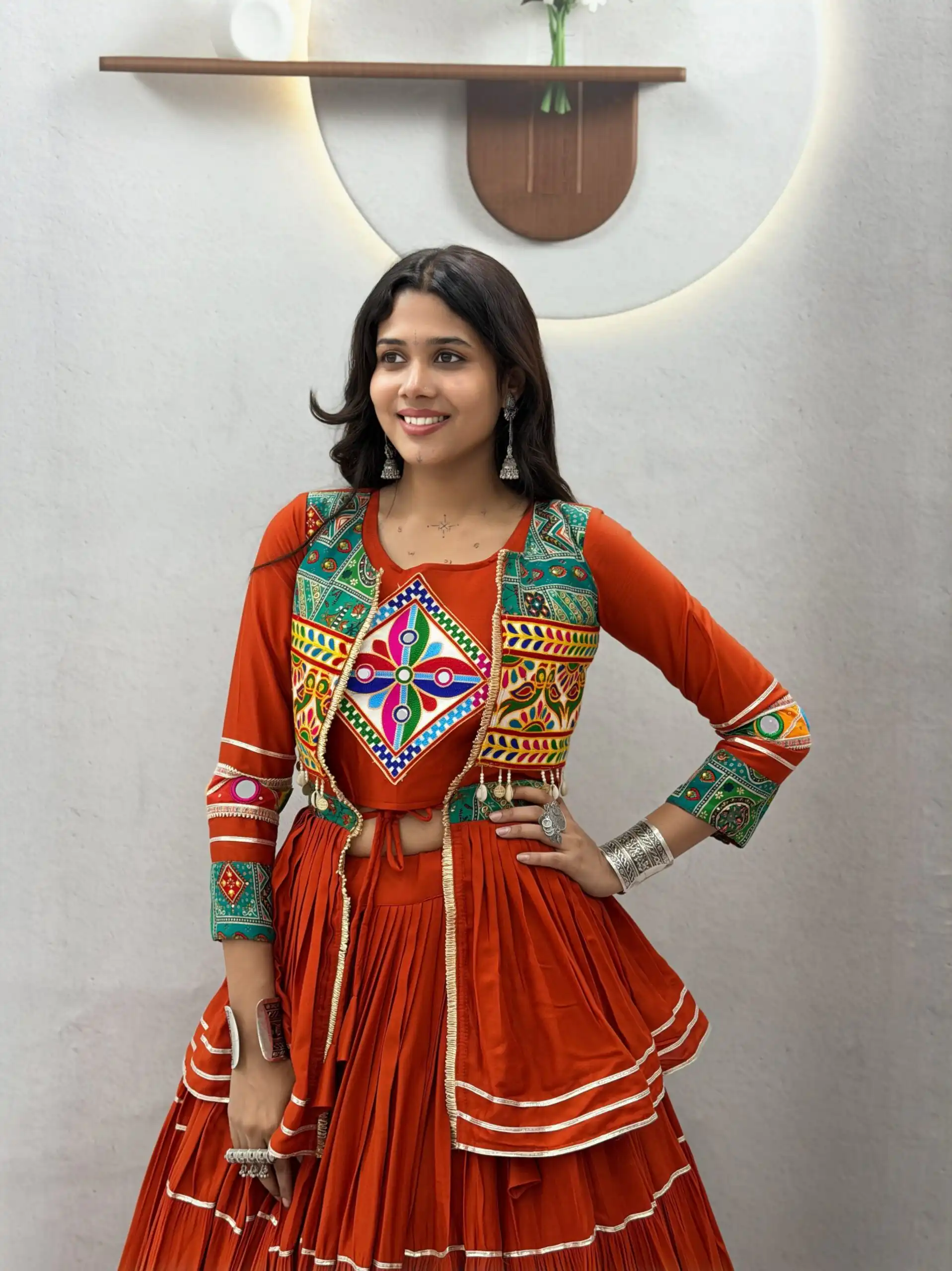 Super Orange Cotton Mirror Gamthi Work Lehenga Choli