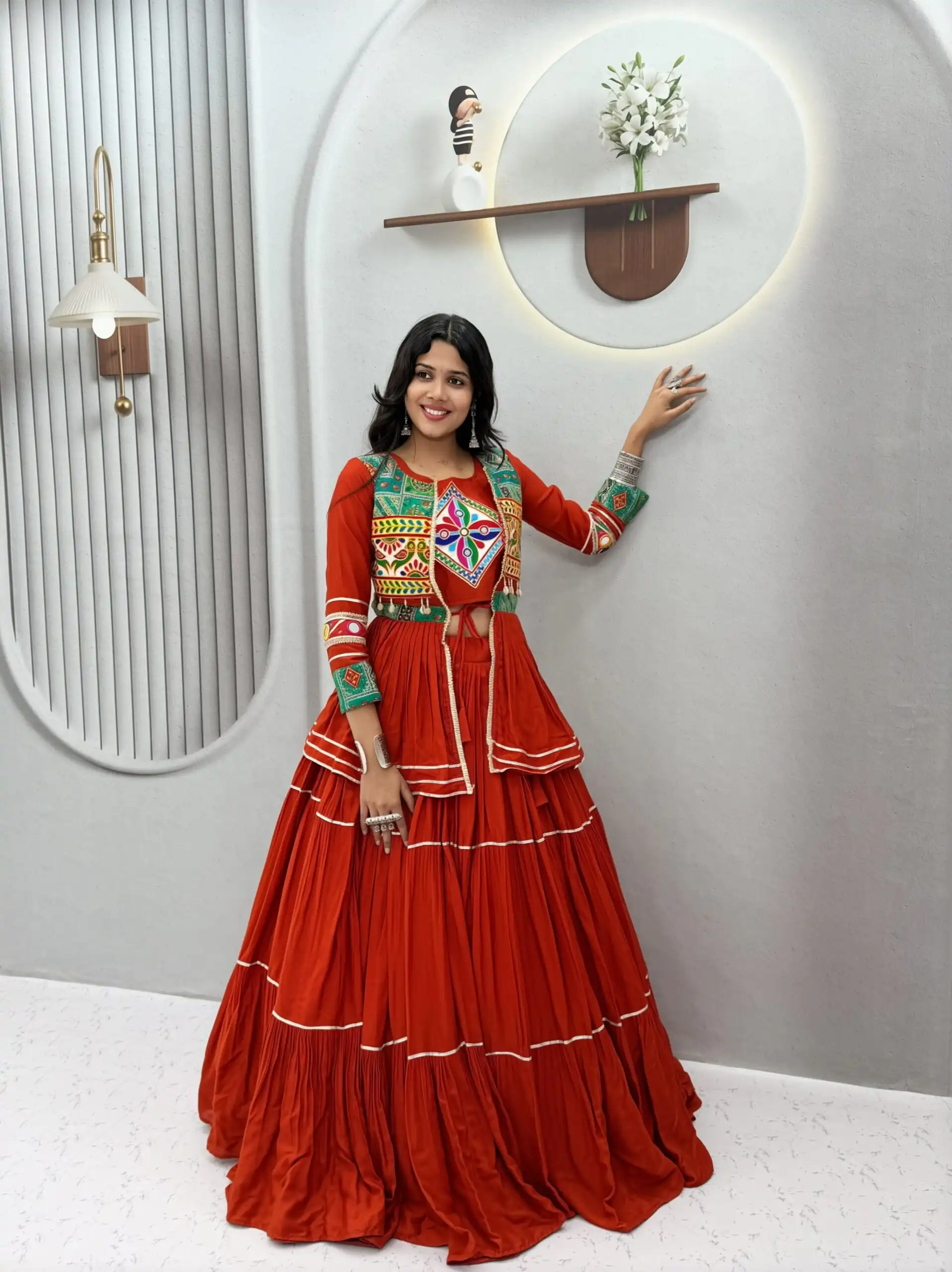 Super Orange Cotton Mirror Gamthi Work Lehenga Choli