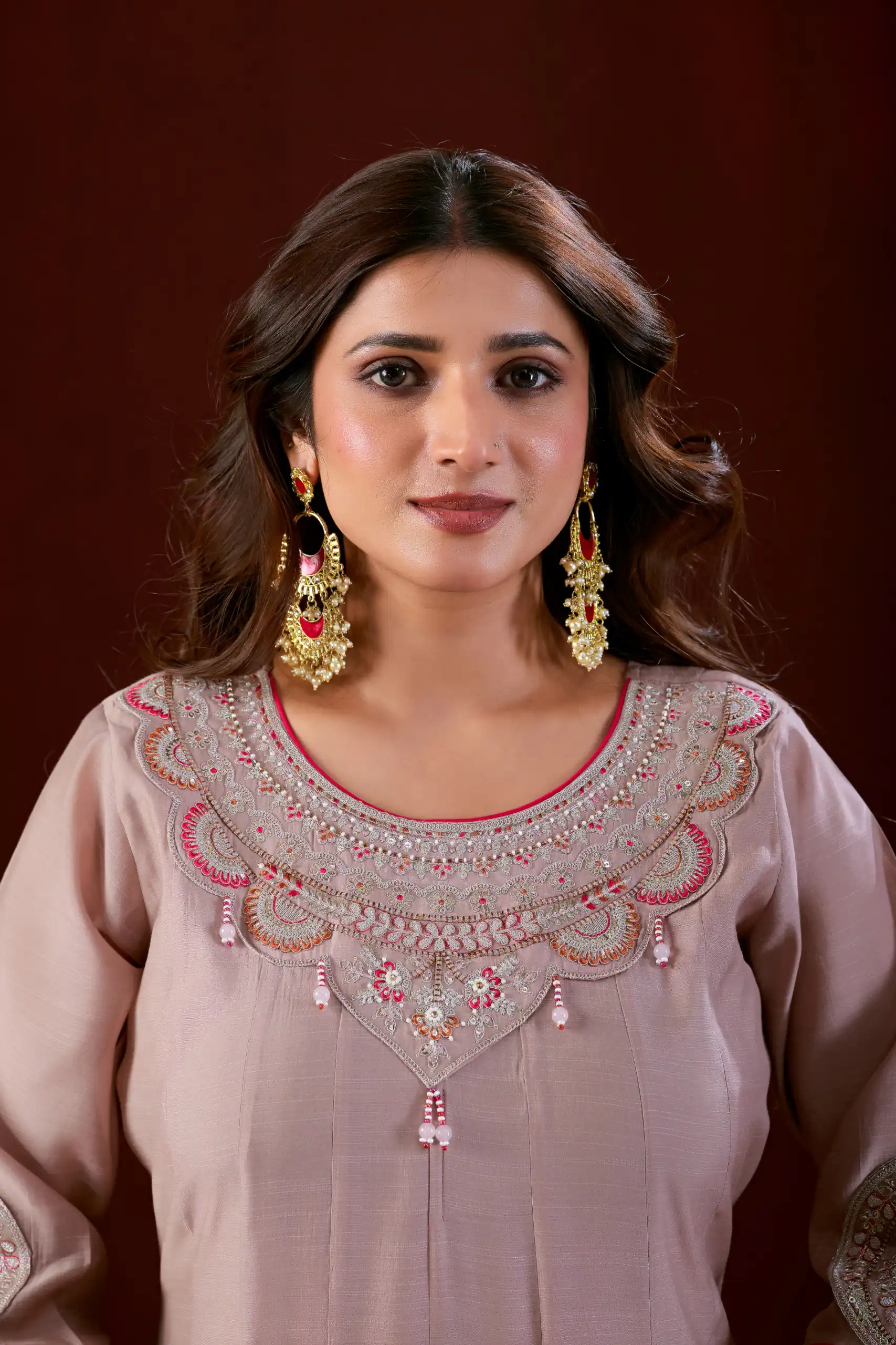 Super Pink Mul Slub Thread Work Salwar Suit