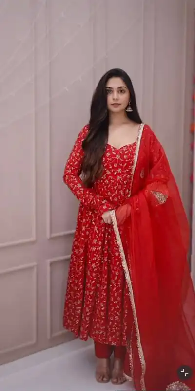 Super Red Blooming ⁠Georgette Sequins Work Salwar Suit