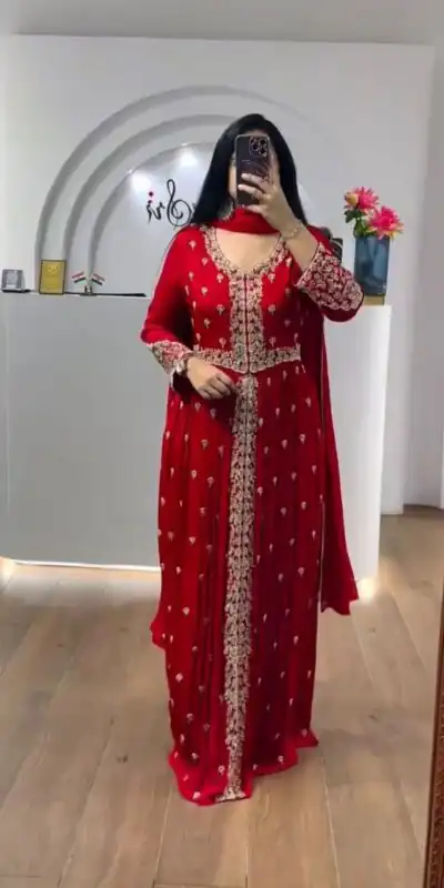 Super Red Faux Georgette Sequence Work Gown