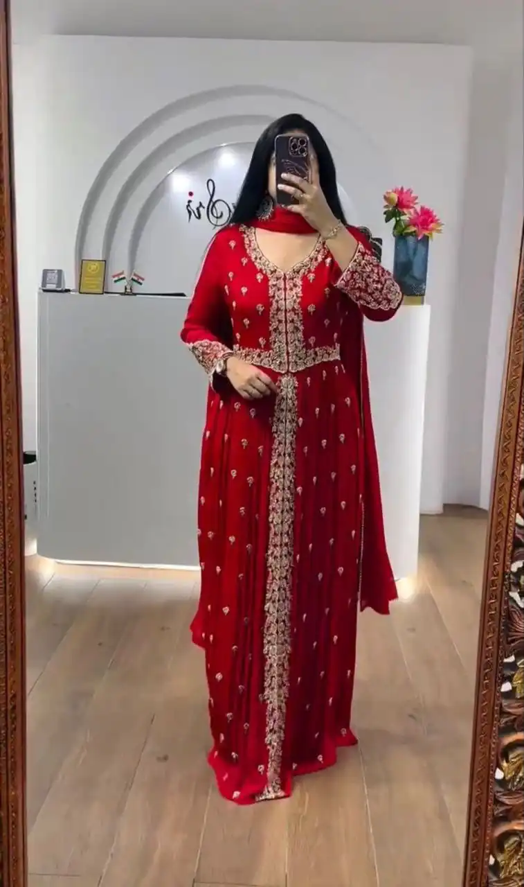 Super Red Faux Georgette Sequence Work Gown