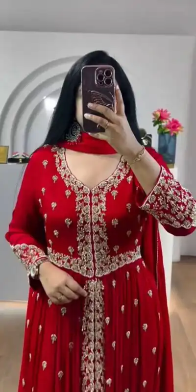 Super Red Faux Georgette Sequence Work Gown